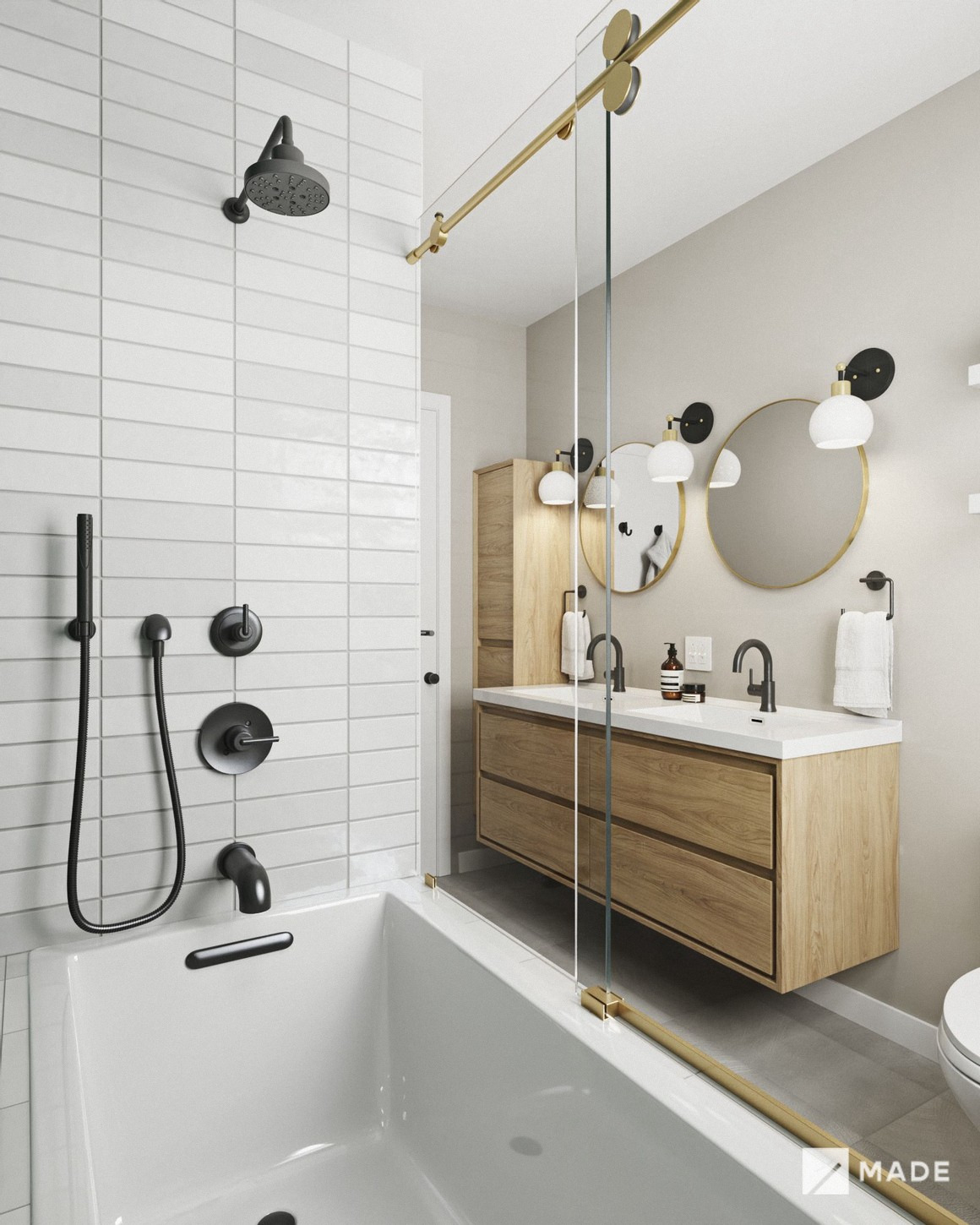Bathroom design with showers, vanities