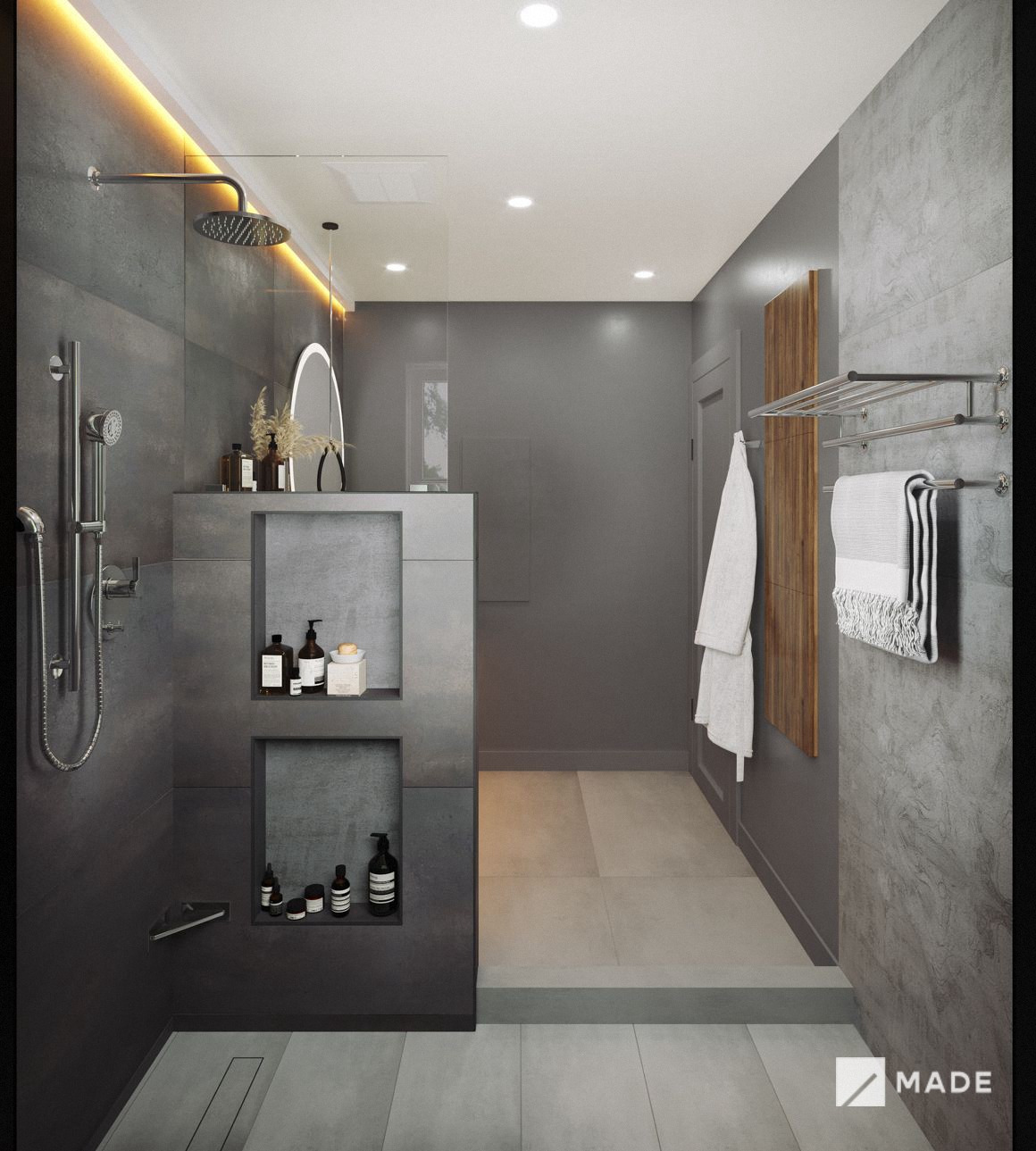 Bathroom design with showers, vanities