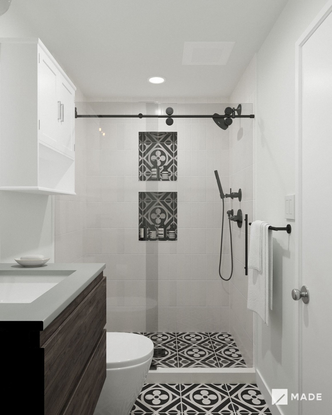 Bathroom design with showers, vanities