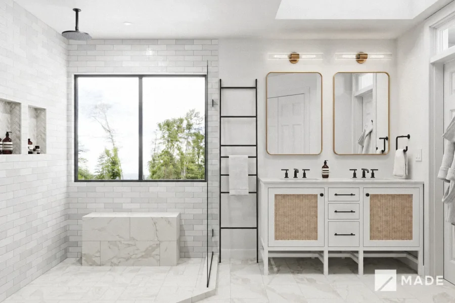 White tiled bathroom with framed mirrors, a furniture-style vanity and woven door panels.