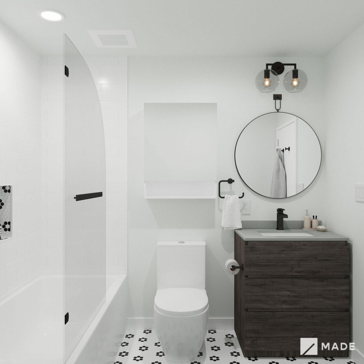 Bathroom design with showers, vanities