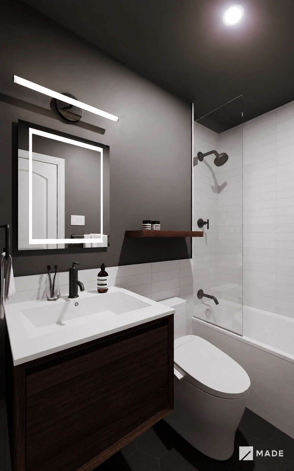 Bathroom design with showers, bathtubs, vanities