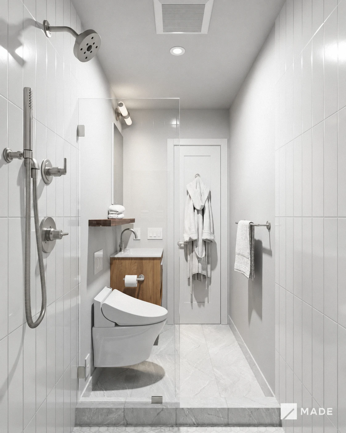 Bathroom design with showers, vanities