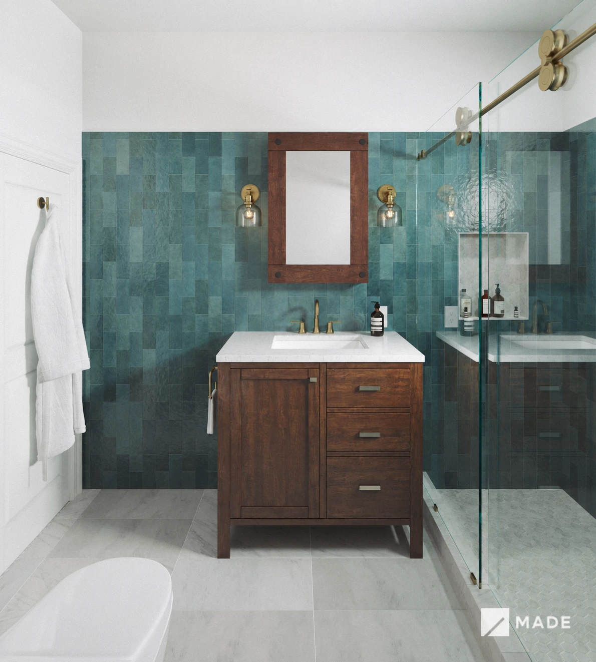Archived bathroom design with shower and wood vanity