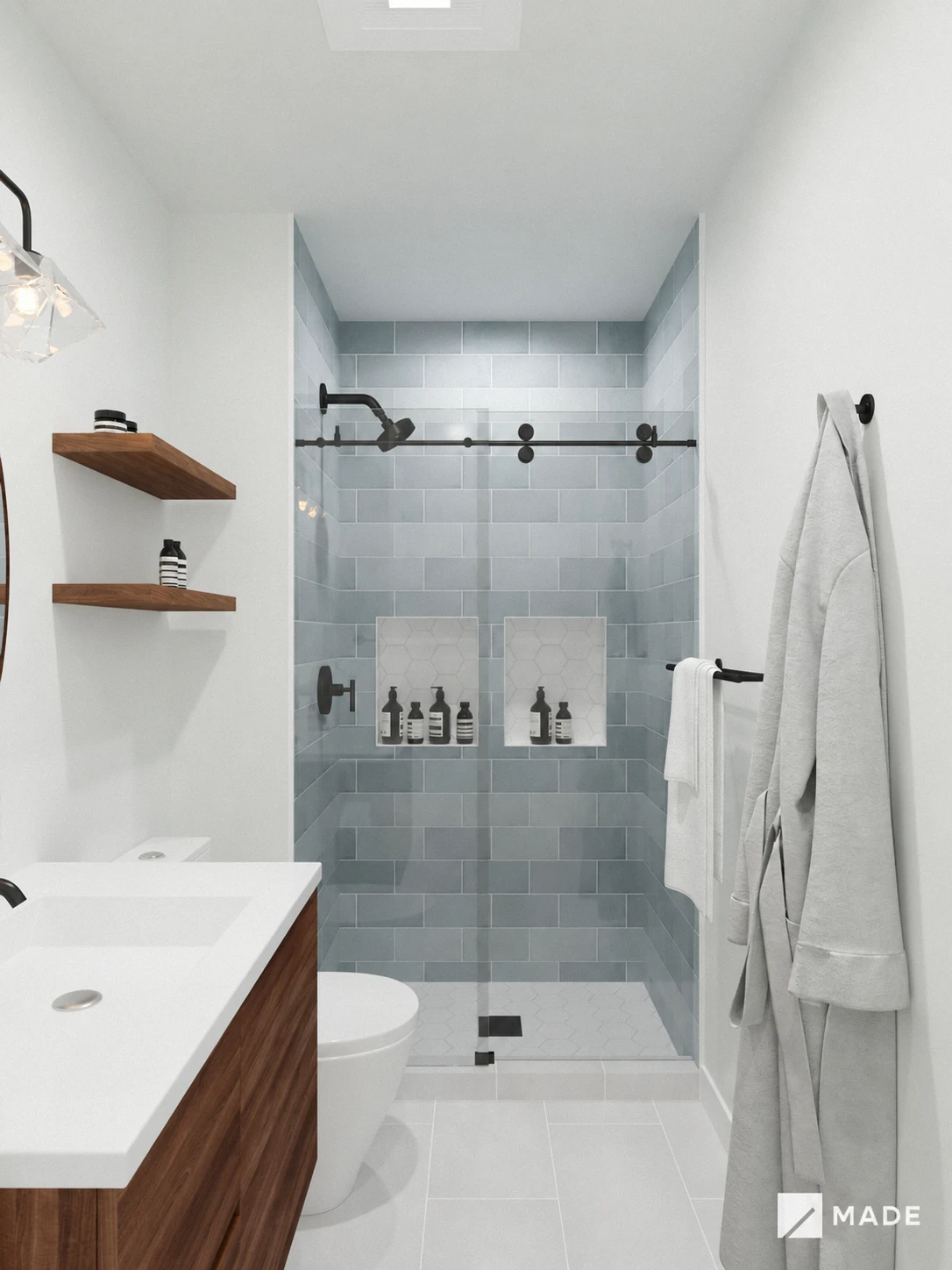 Bathroom design with showers, vanities
