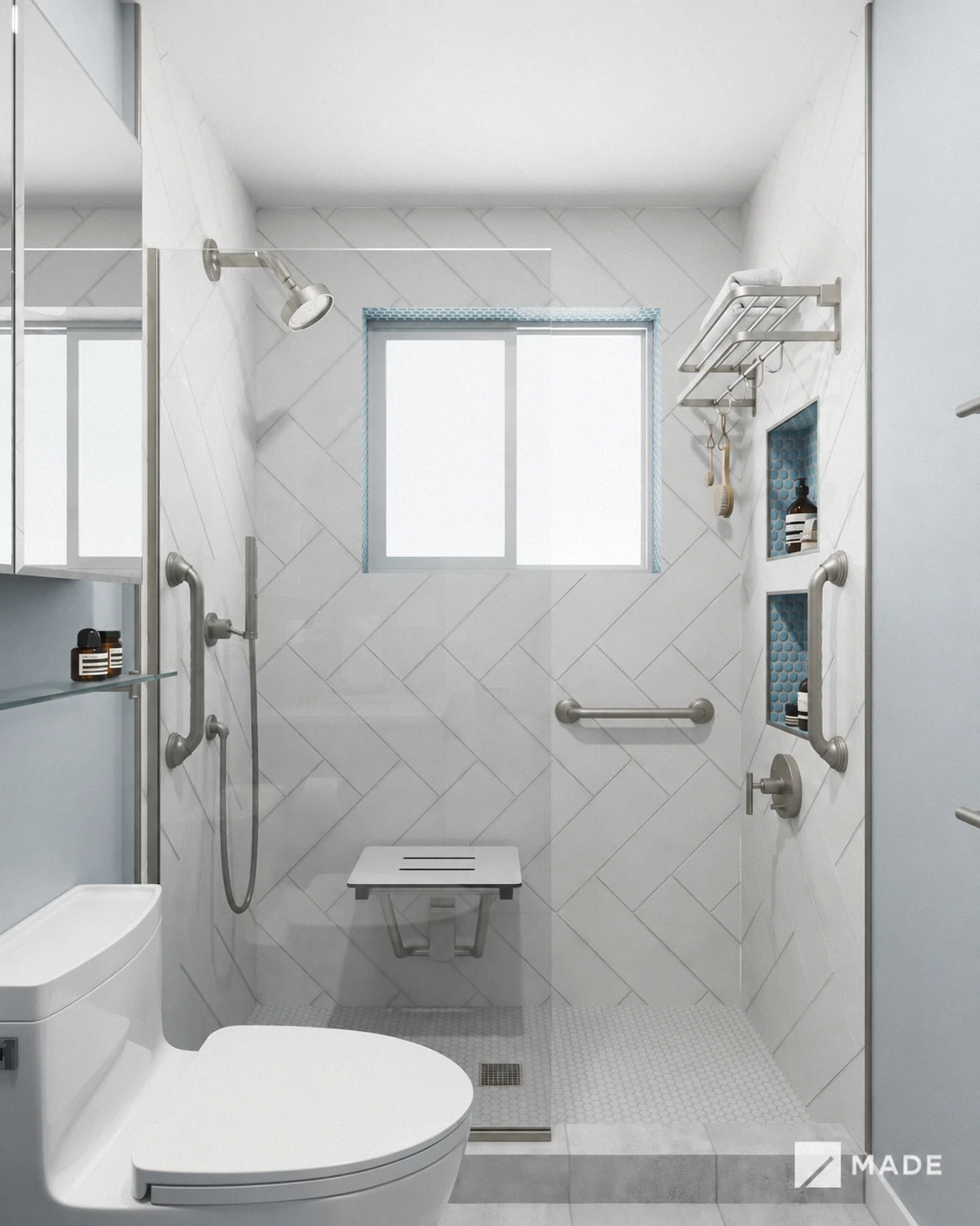 Bathroom design with showers, vanities