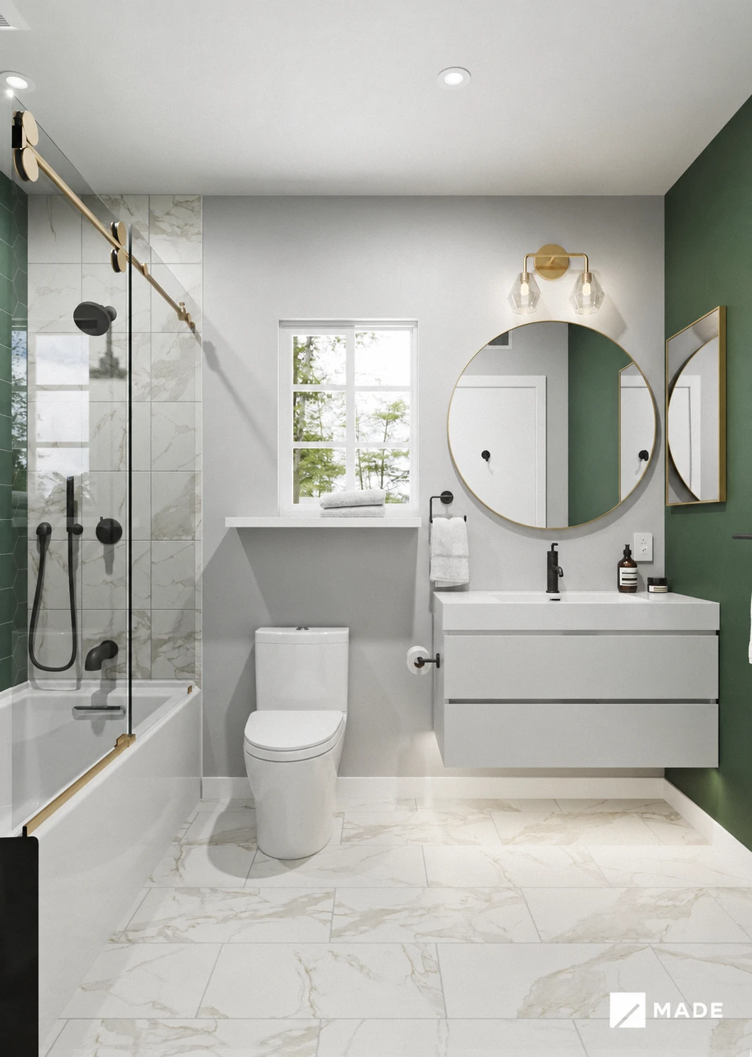 Archived bathroom design with showers, vanities