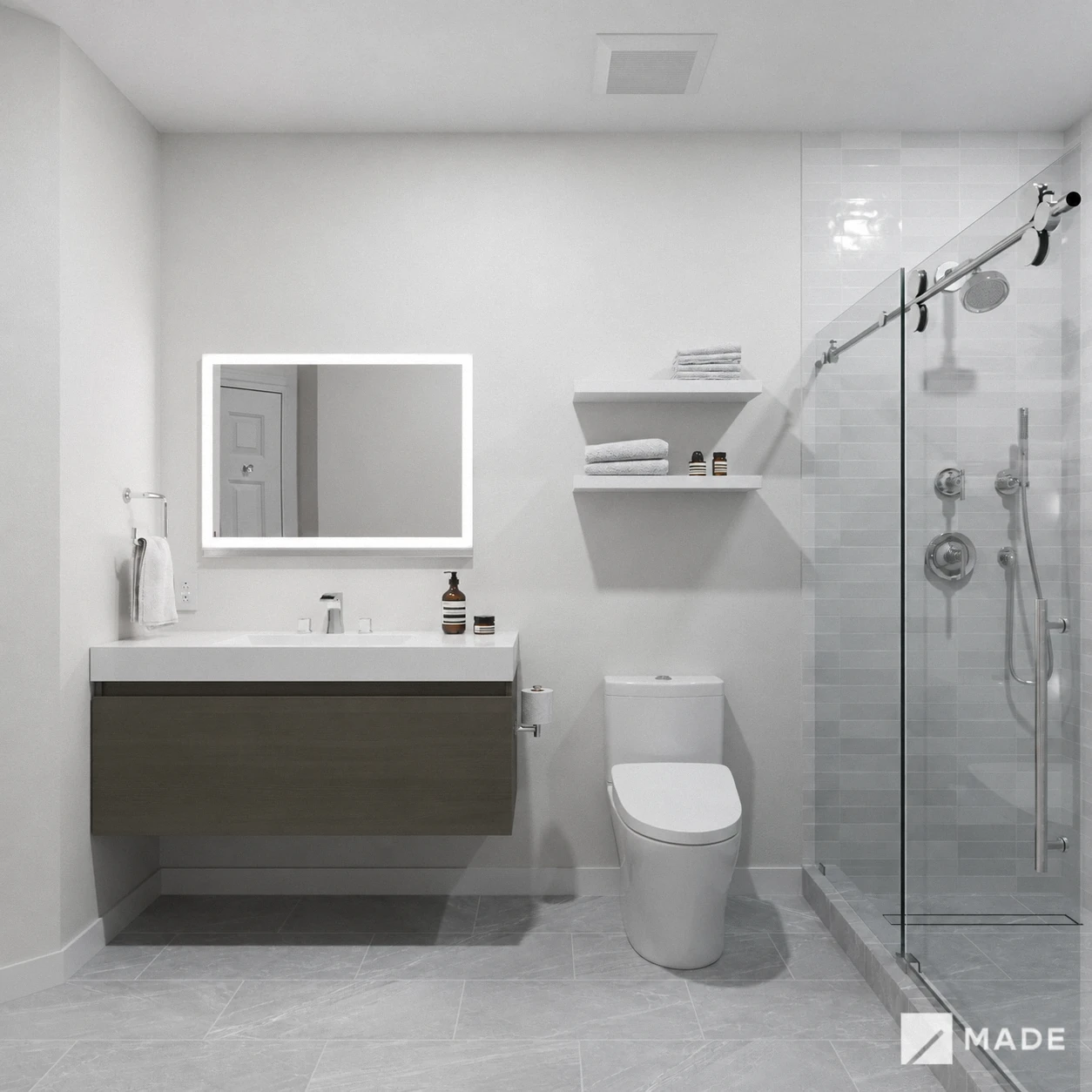Bathroom design with showers, vanities