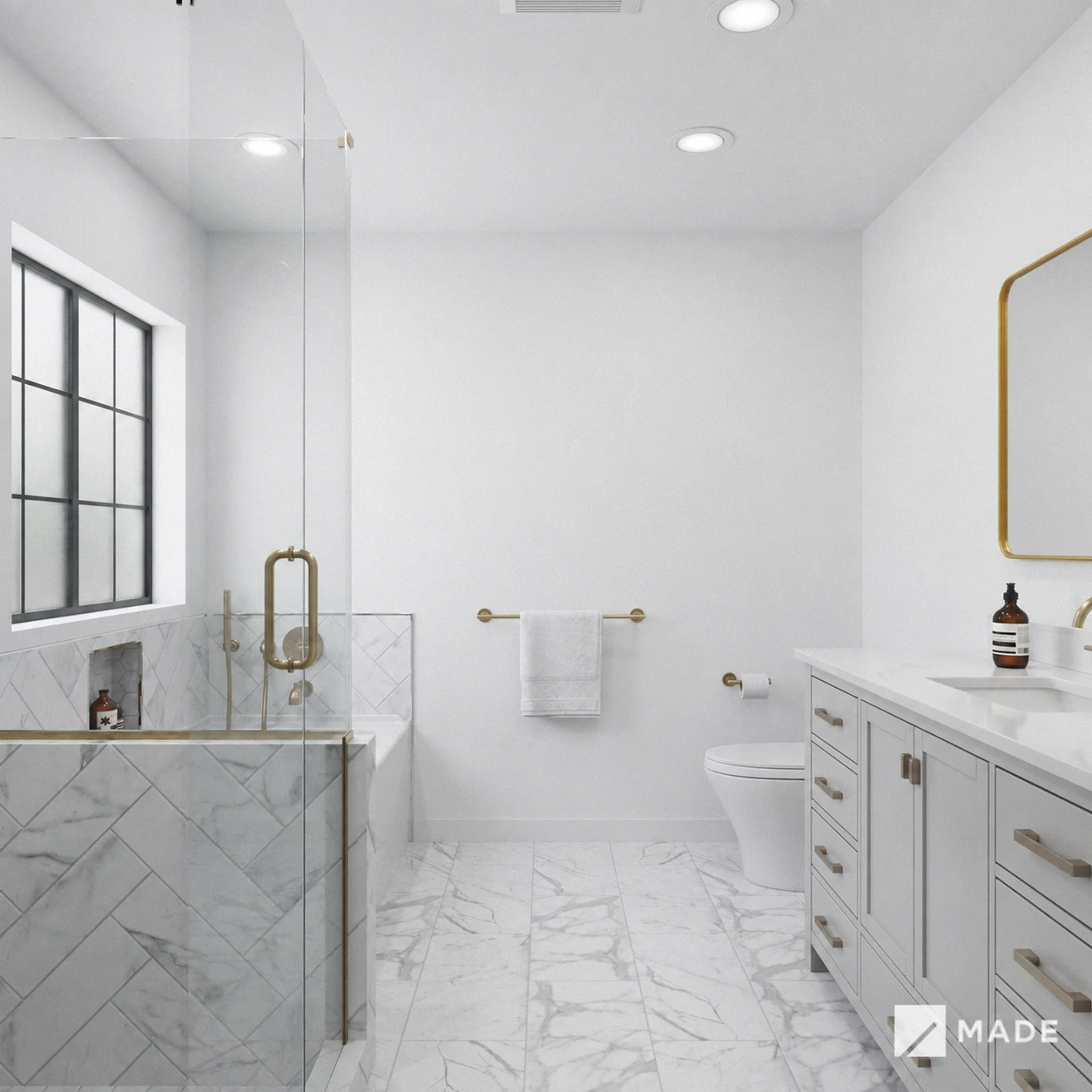 Archived bathroom design with showers, vanities