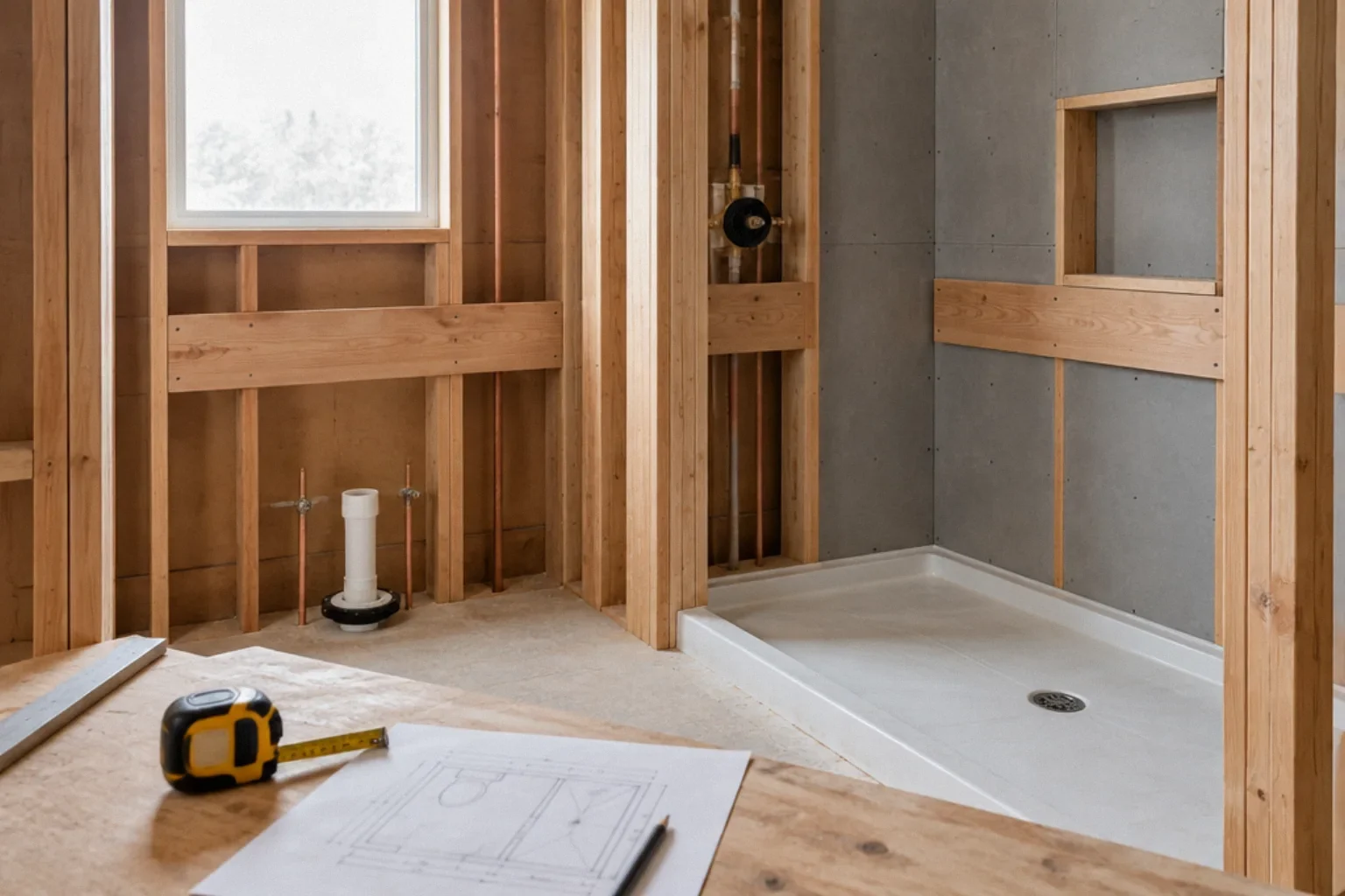 Wood blocking for future grab bars installed in bathroom walls during a remodel.