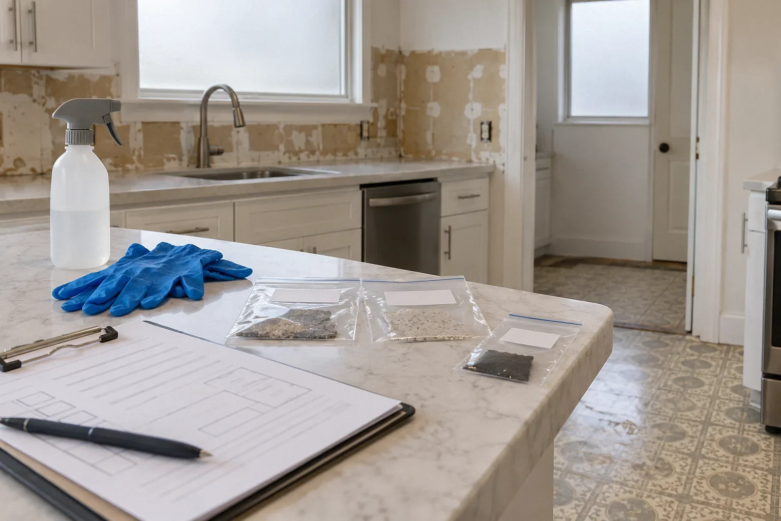 Asbestos sampling materials and a scope checklist before a kitchen remodel.