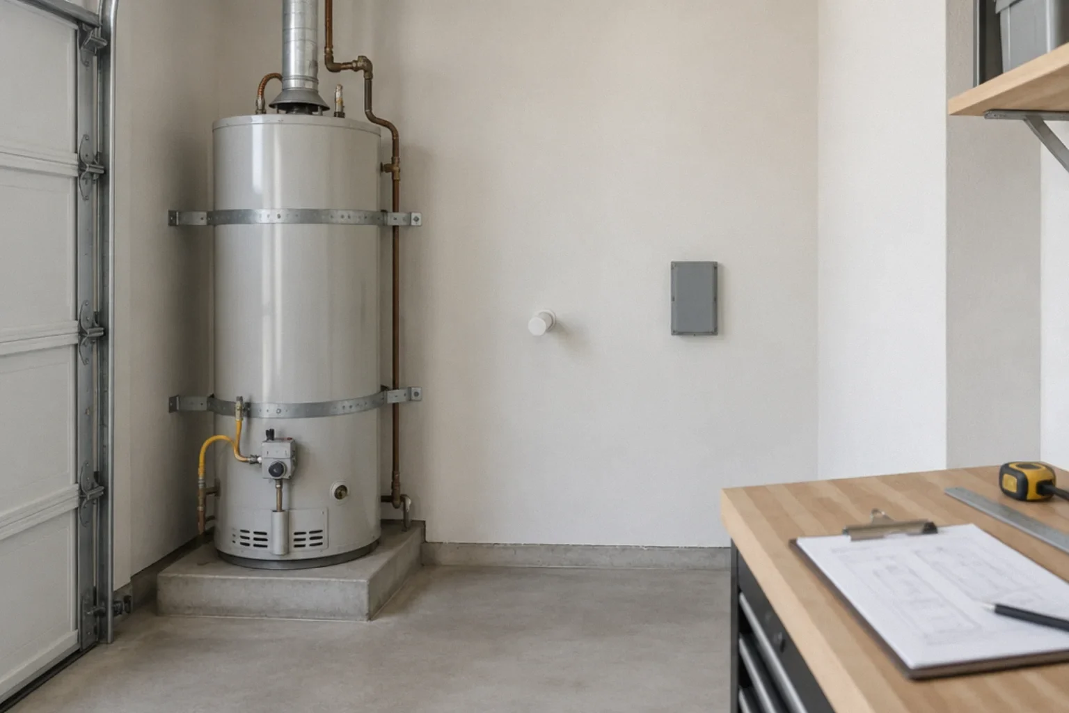 Utility space prepared for a future electric water heater next to an existing gas unit.
