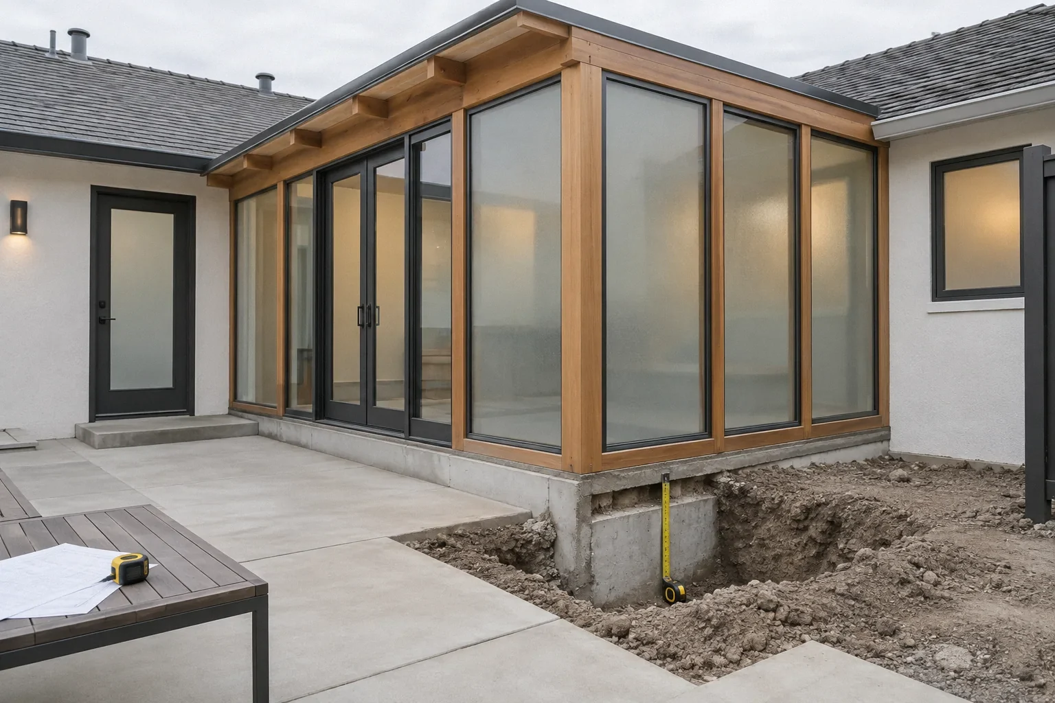 Exposed shallow footing at an unpermitted sunroom addition being evaluated.