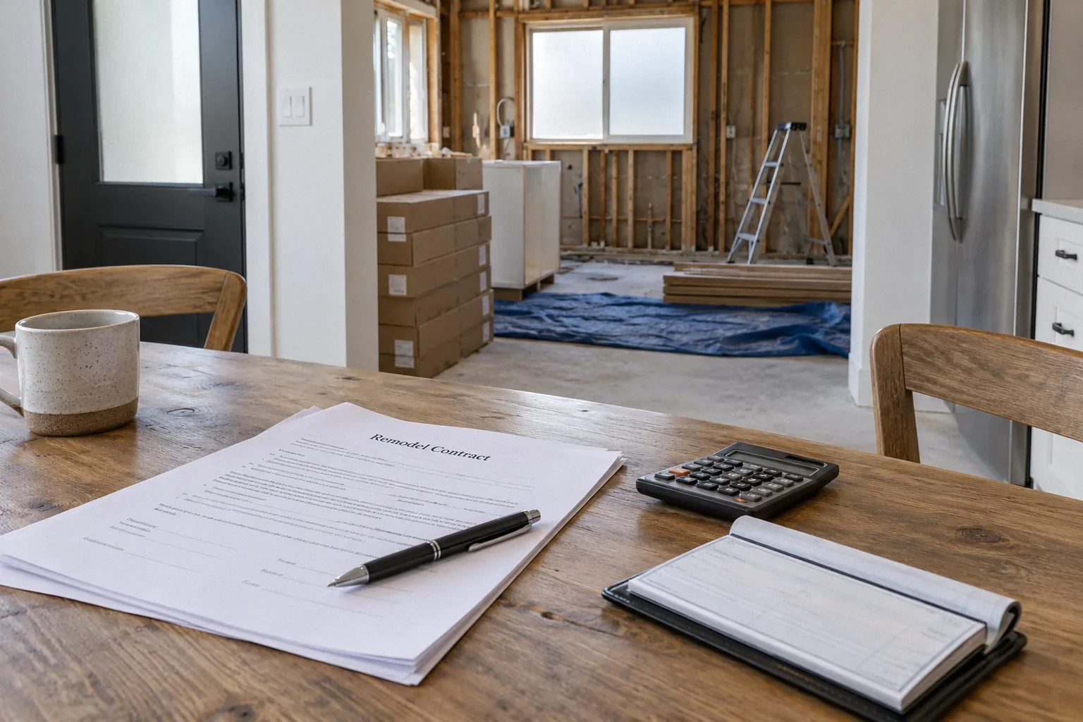 Remodel contract and payment records next to a kitchen under construction.