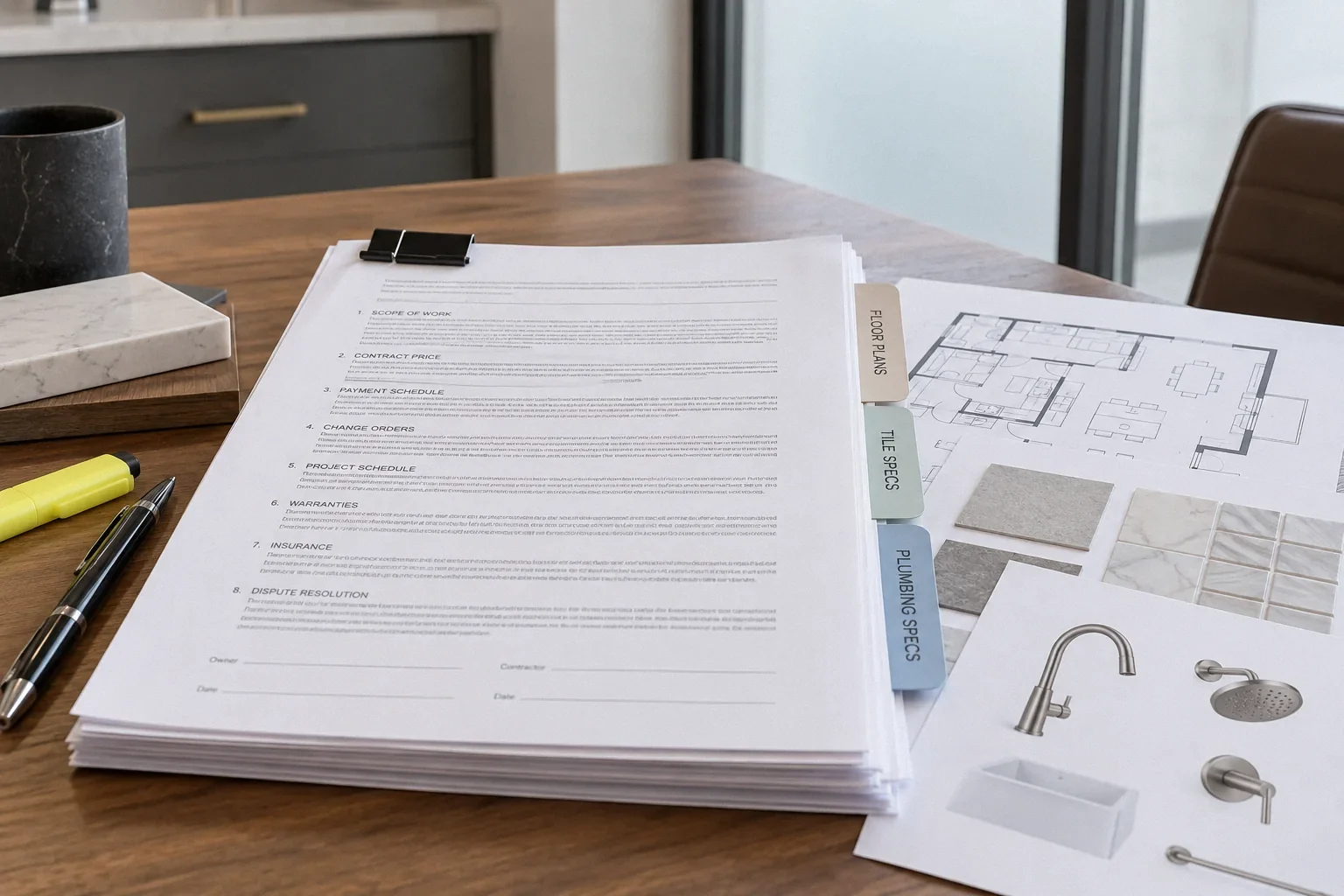 Remodel contract with attached plans and product specification sheets.