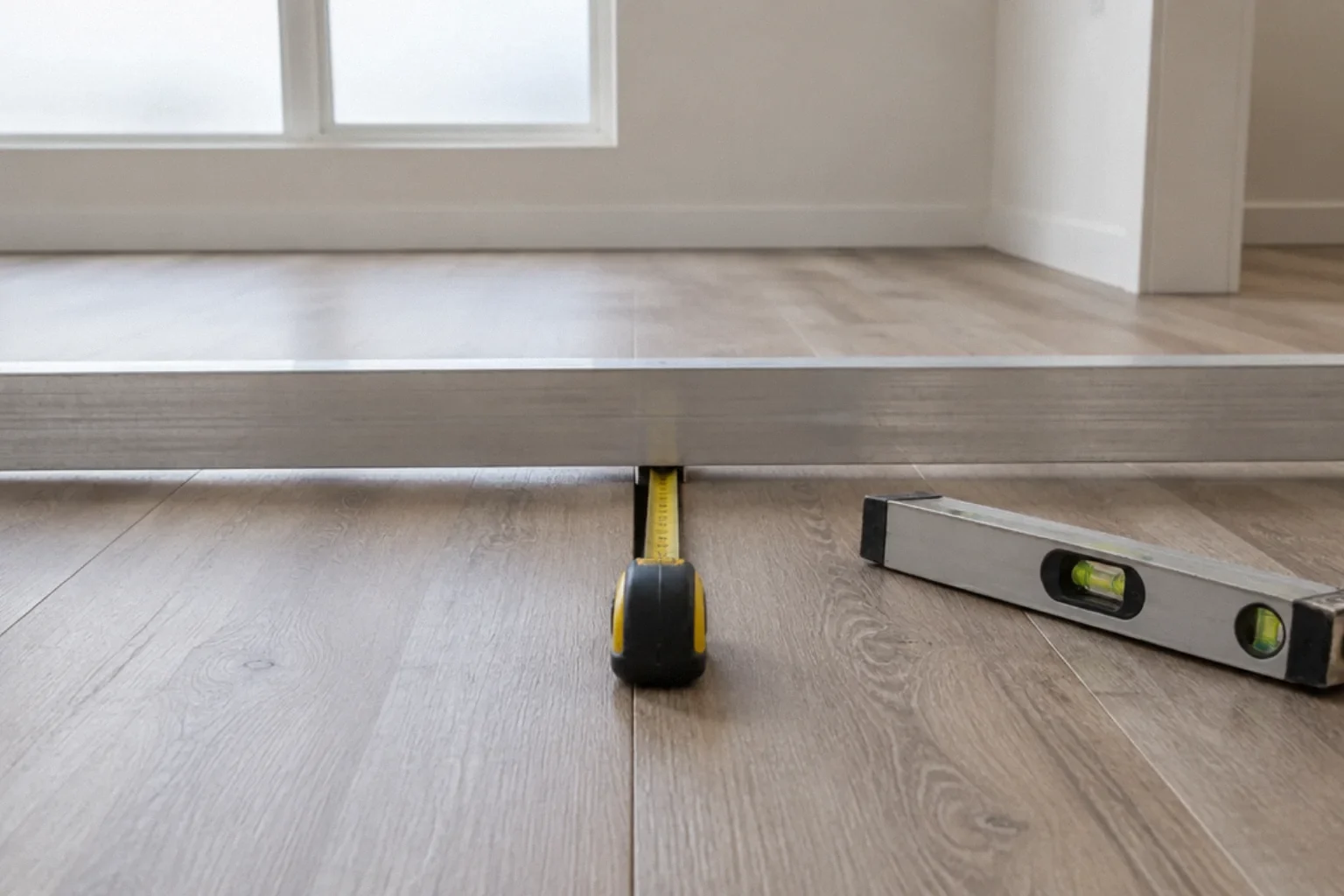 Straightedge and tape used to measure a dip in a new floor.