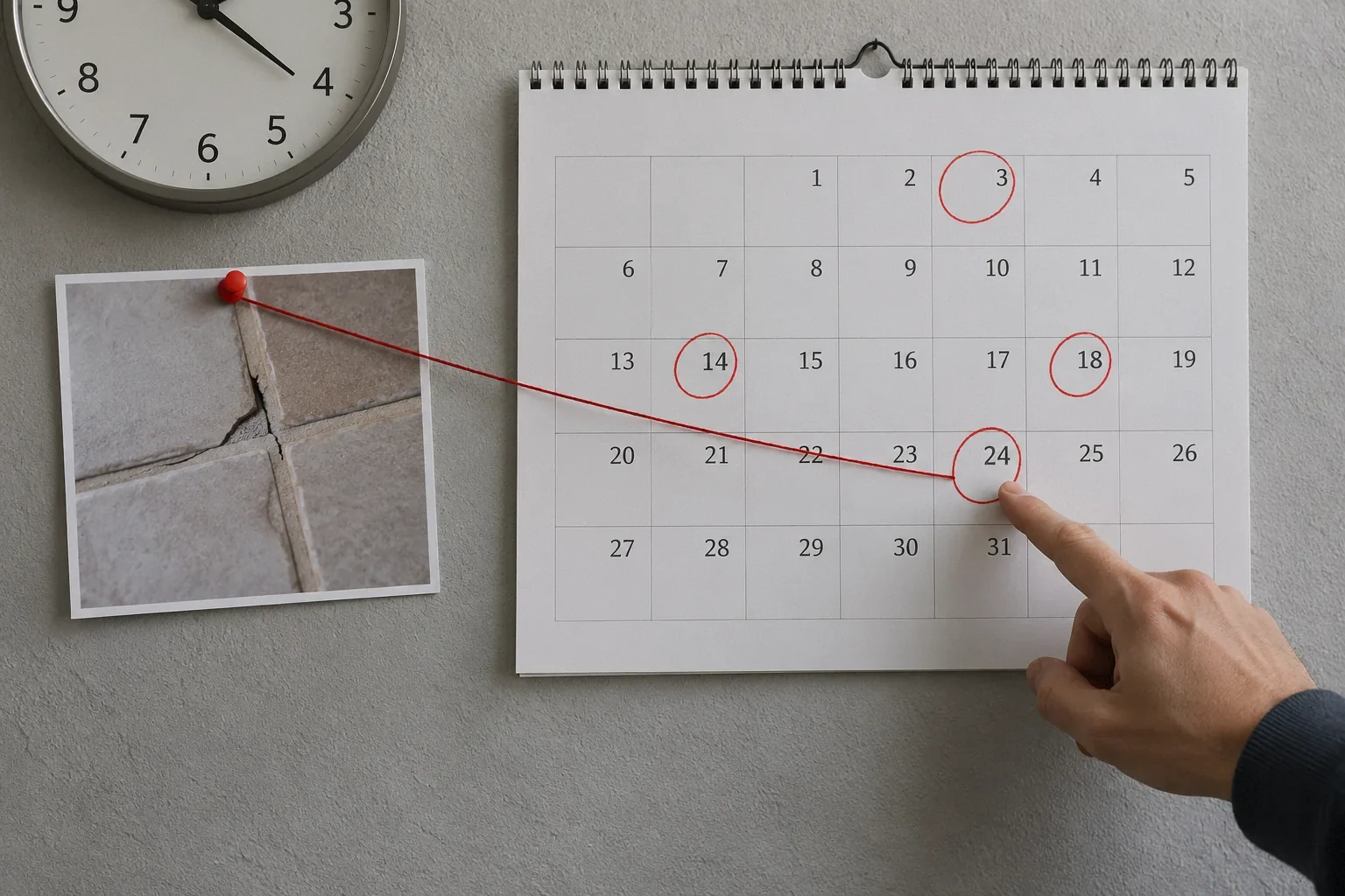 A calendar and clock beside a photograph of a tile defect, illustrating claim timing.