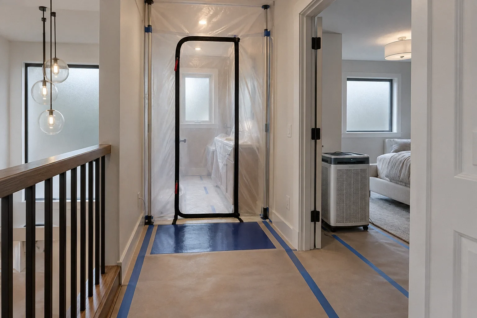 Dust containment barrier and zip door separating a bathroom remodel from living areas.
