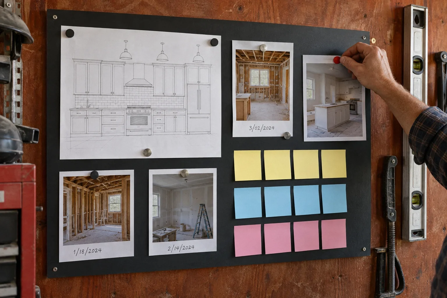 A hand adding a progress photo to an organized remodel communication board.