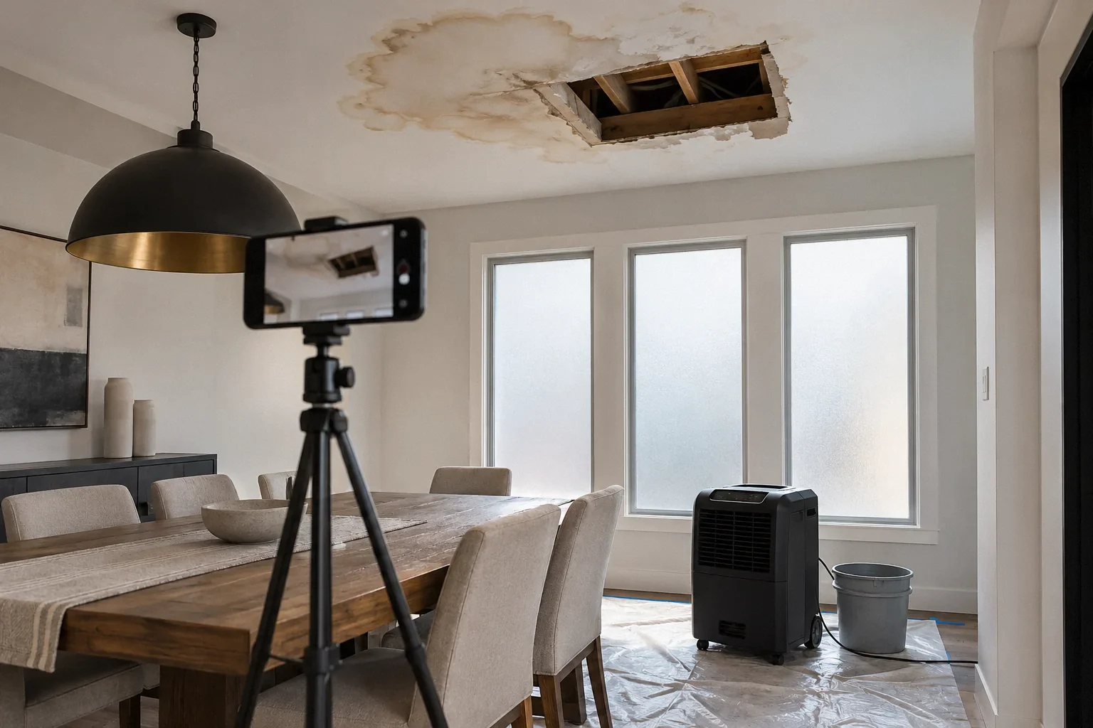 Documenting ceiling water damage caused during a bathroom remodel.