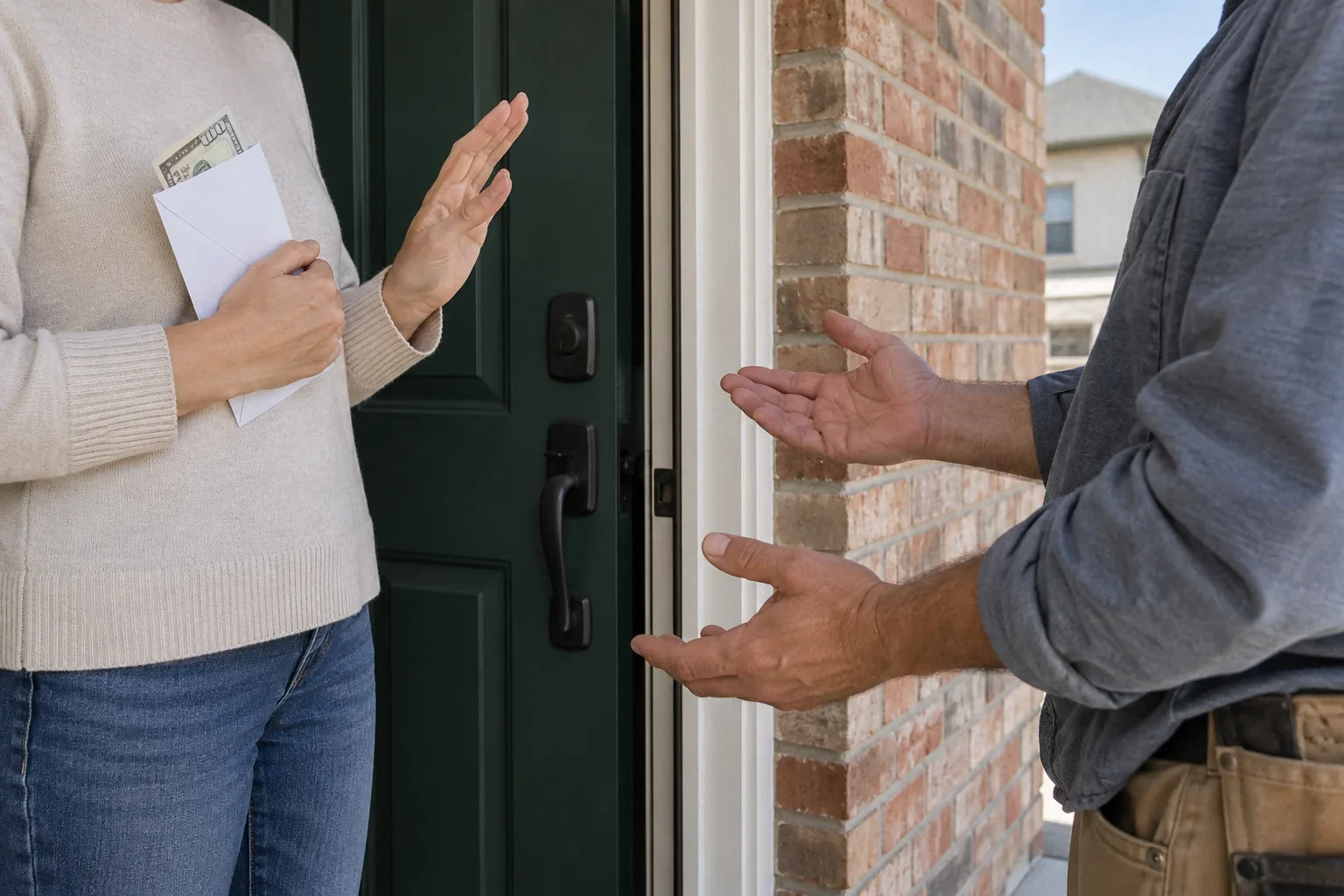 A homeowner pausing a requested cash payment at the front door.