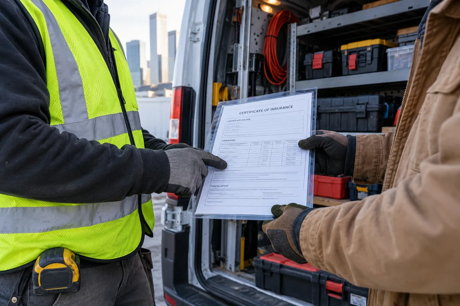 Construction professionals reviewing a certificate beside an organized work van.