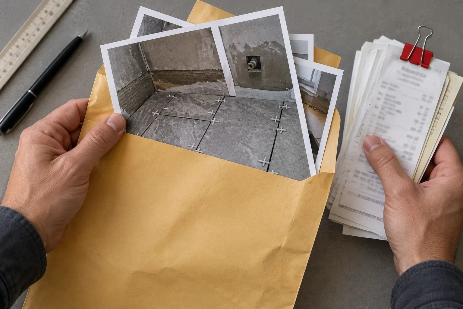 Hands assembling photographs and receipts into a contractor complaint evidence packet.