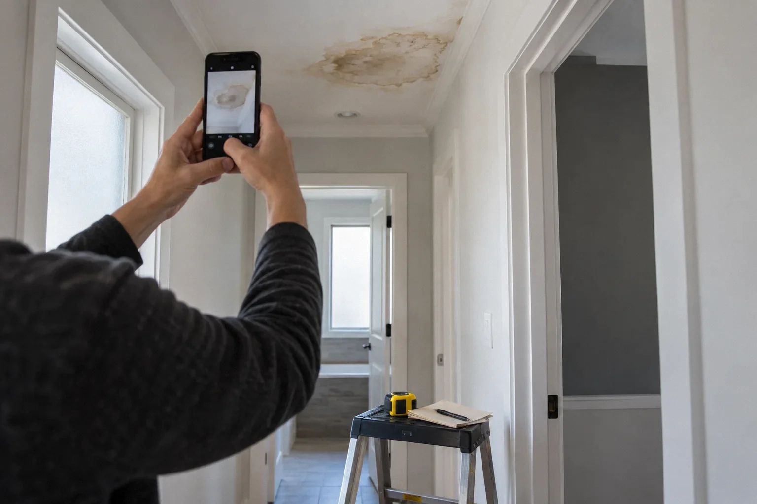 Documenting a ceiling water stain discovered after buying a house.