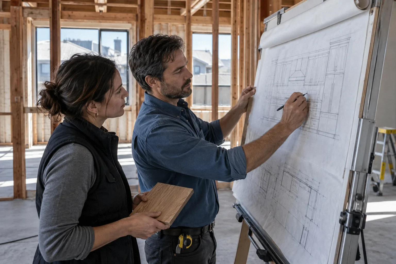 A designer discussing a kitchen elevation and wood sample with another project professional.