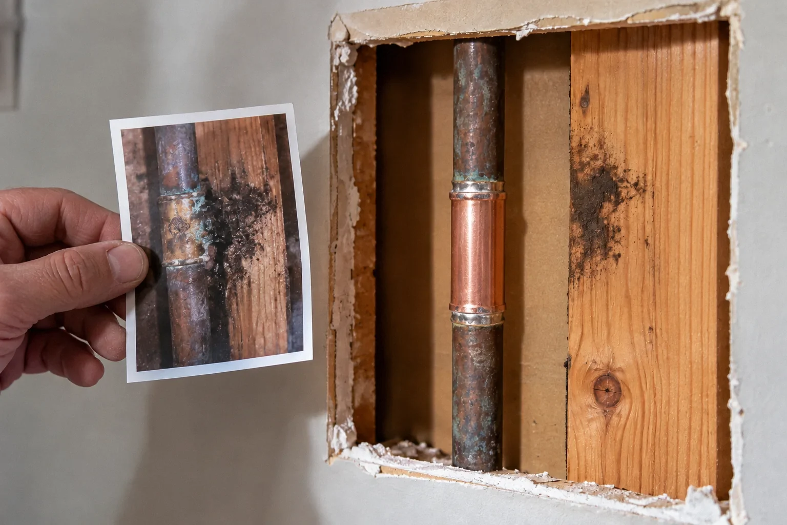 A repaired copper pipe beside a photograph documenting its earlier condition.