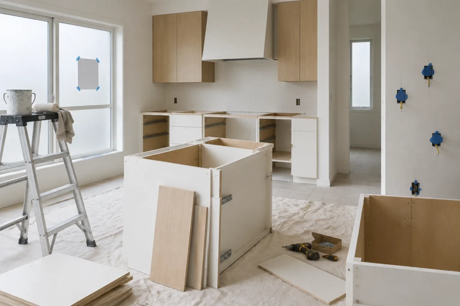 DIY cabinet assembly alongside areas reserved for licensed trades during a remodel.