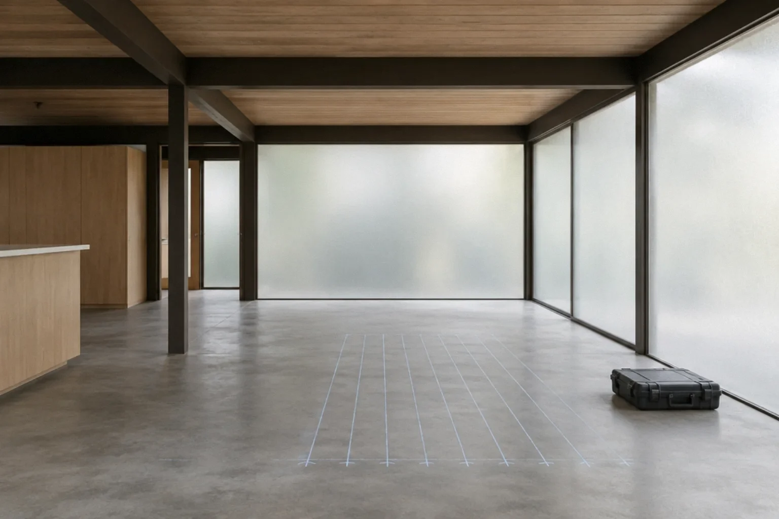 Eichler home under renovation with radiant tubing locations marked on the slab.