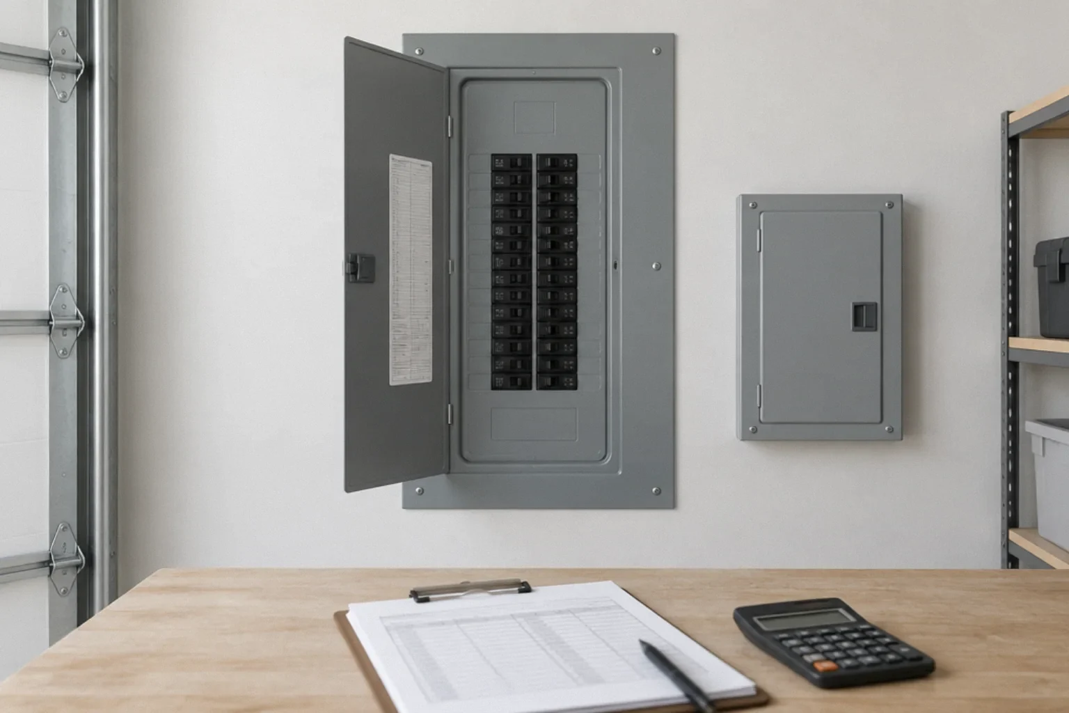 Electrical panel and load calculation notes during remodel planning.