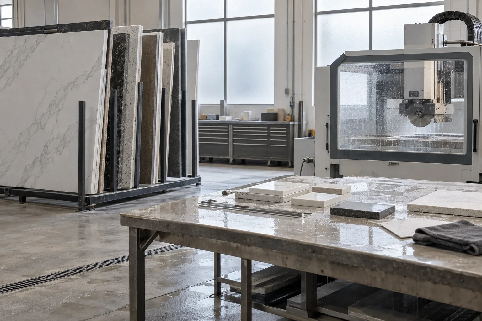 Wet-cutting a countertop slab in a fabrication shop to control silica dust.