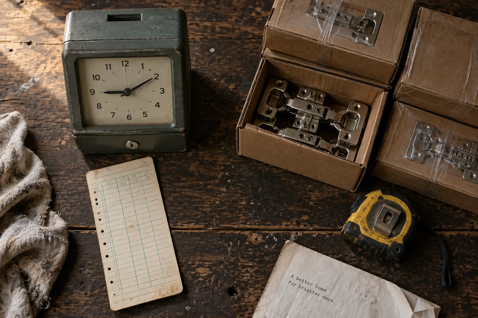 A time clock beside boxed cabinet hardware on a carpenter's workbench.