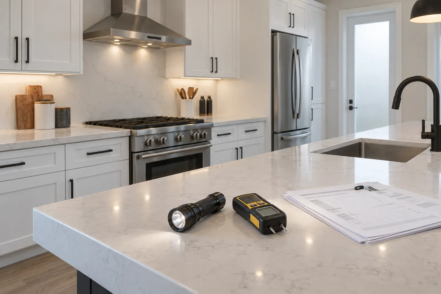 Newly renovated kitchen in a flipped home with inspection tools and a contractor disclosure list.