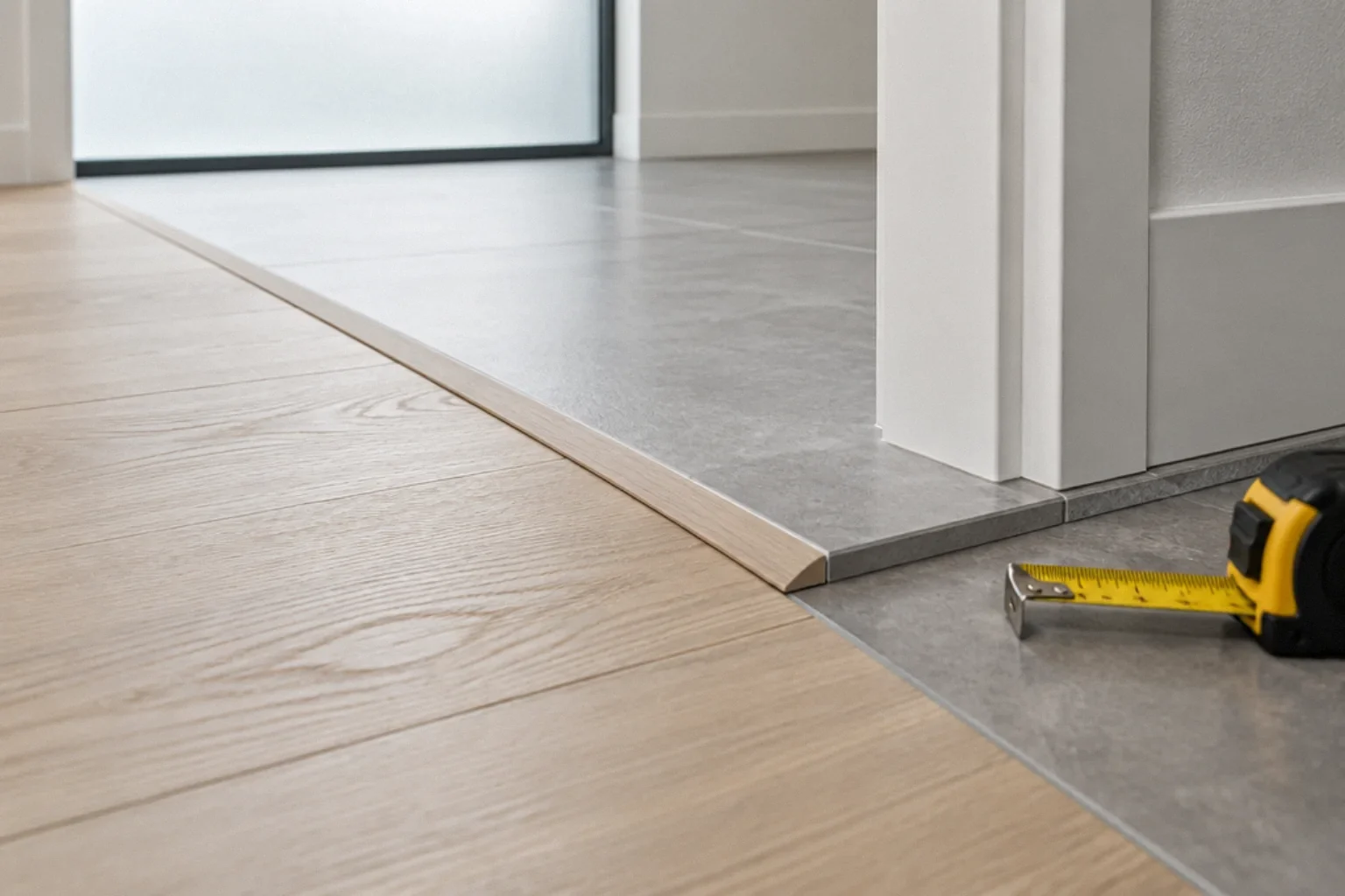 A reducer transition bridges vinyl plank and slightly higher tile at a doorway.