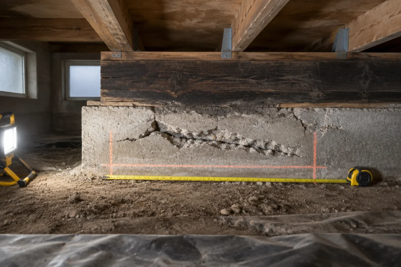Damaged foundation section and sill exposed during a remodel, marked for engineering assessment.