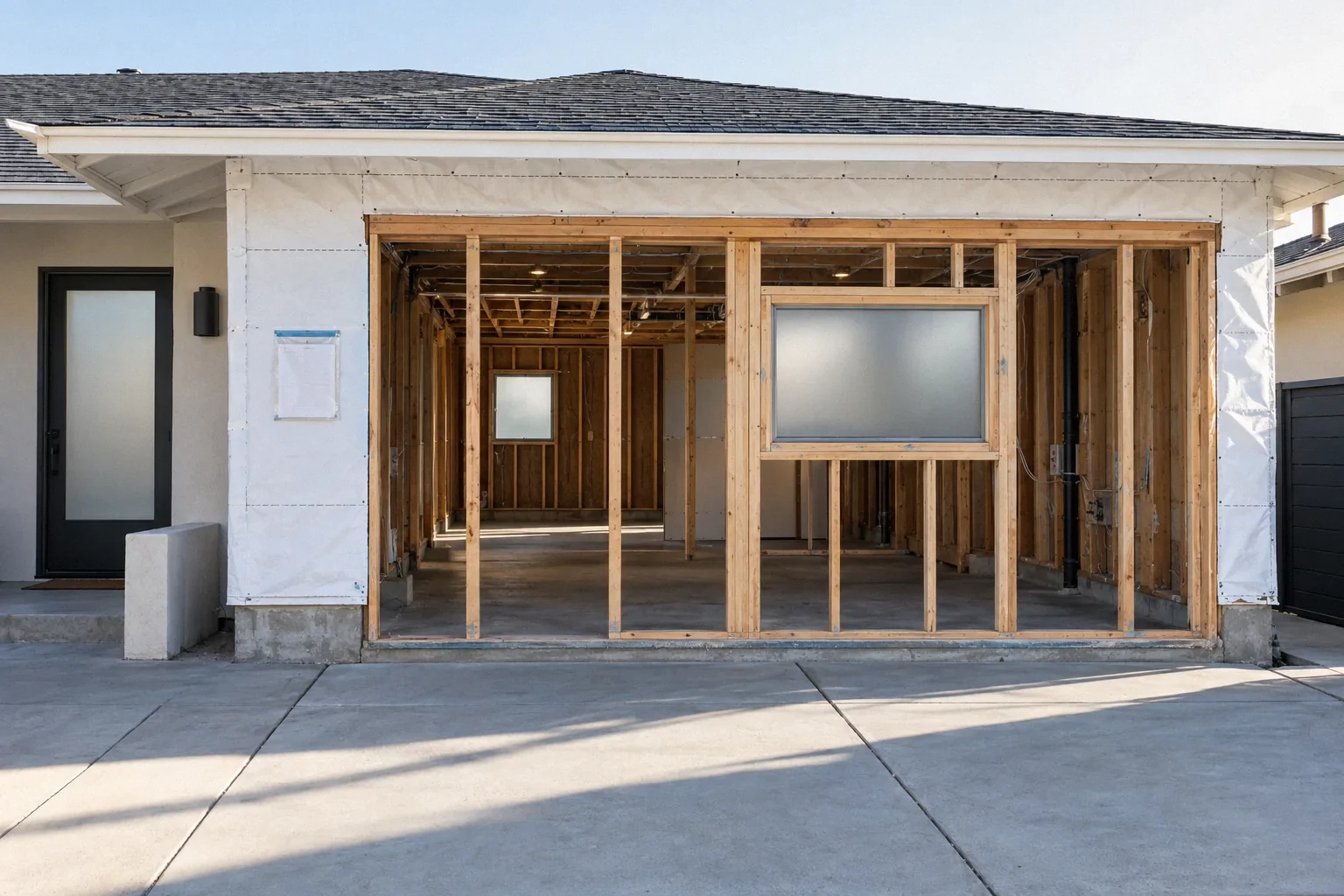 Attached garage being framed for conversion to an accessory dwelling unit.