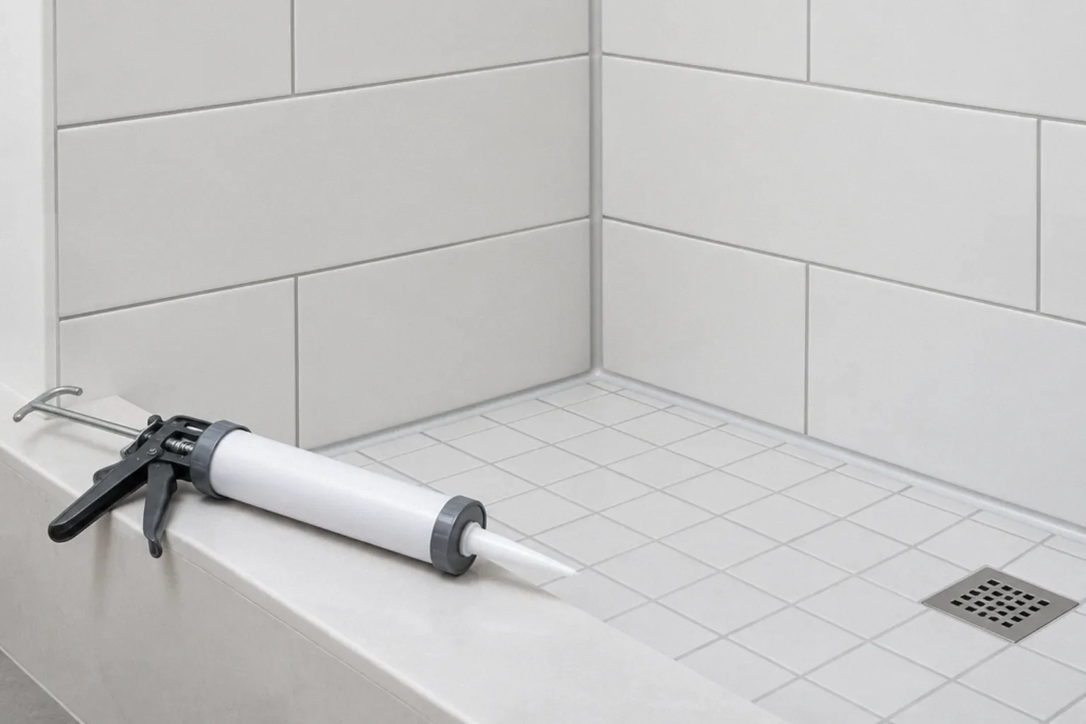 Silicone sealant in a shower corner next to grouted tile joints.