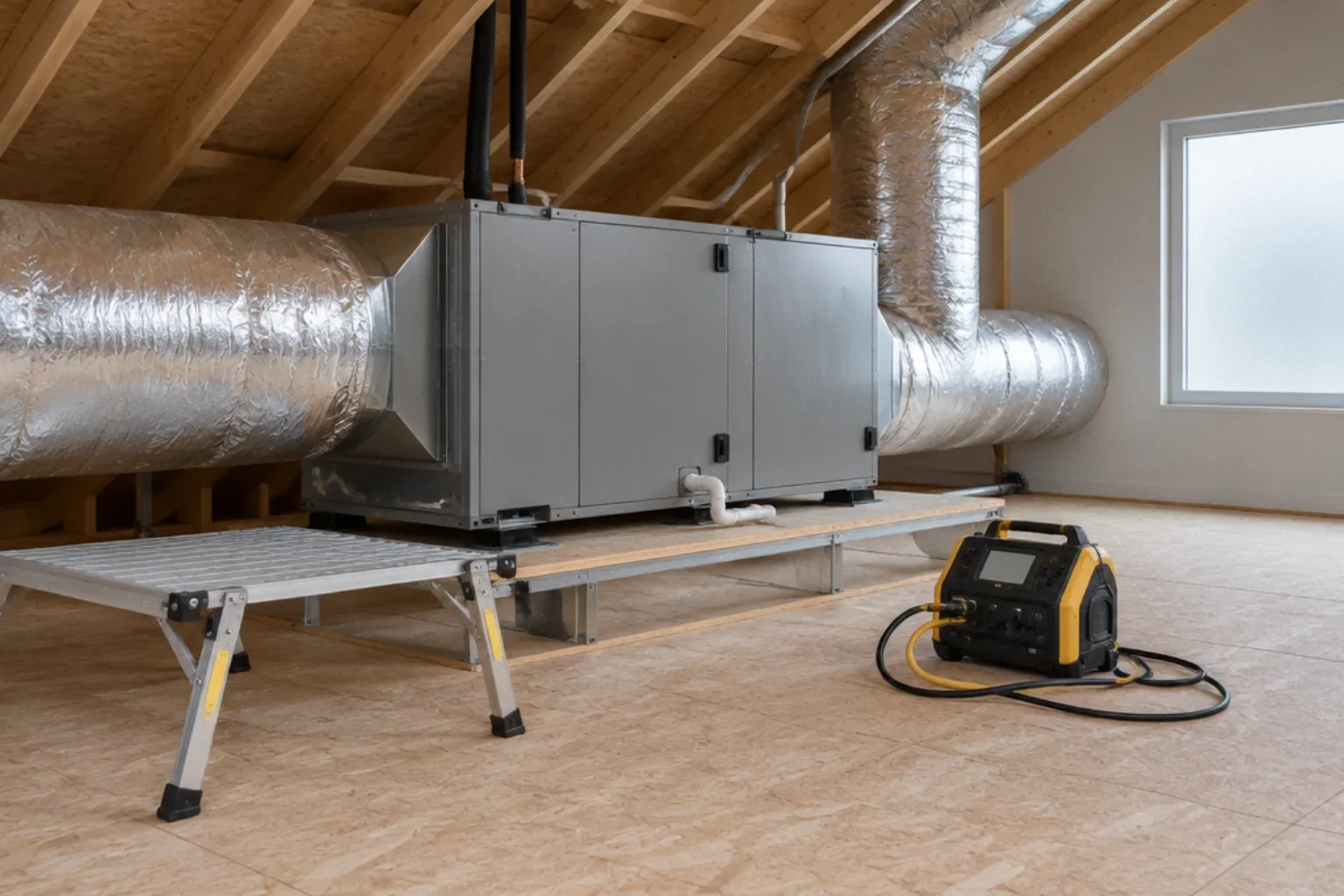 Heat pump air handler and insulated ducts in an accessible attic.