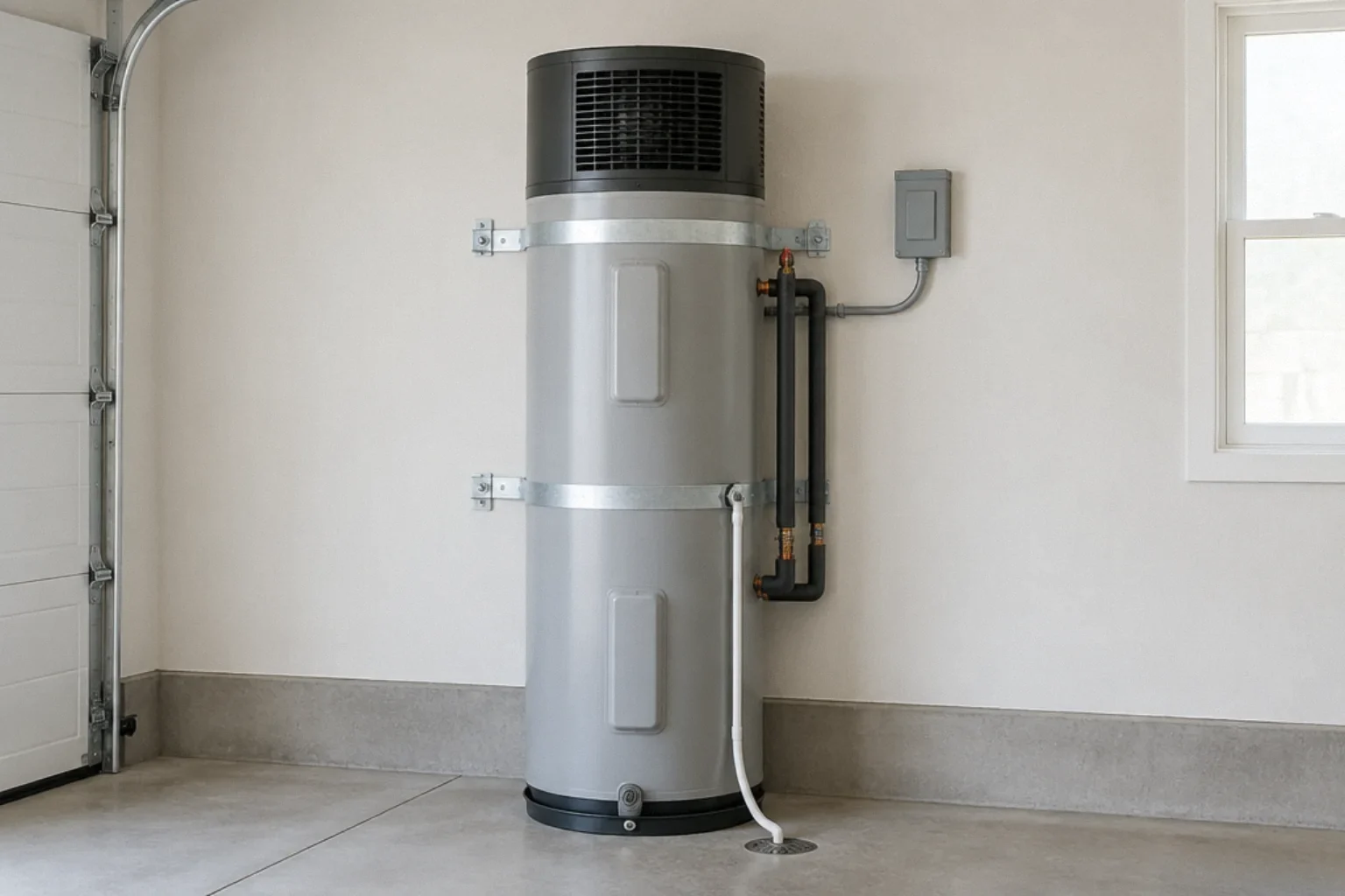 Heat pump water heater installed in a garage with condensate line and seismic straps.