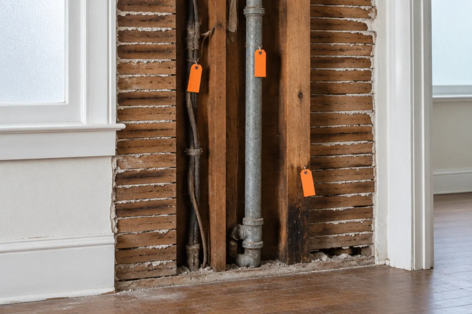 Opened wall in an older house showing wiring, plumbing and framing tagged for evaluation.