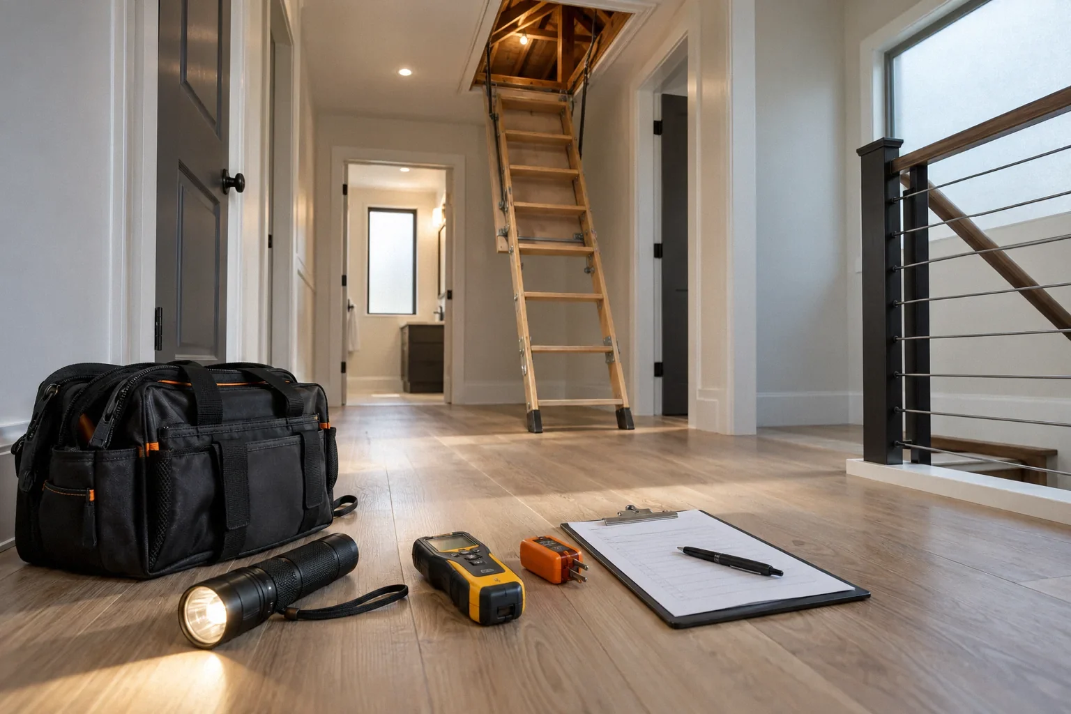 Home inspection tools in a hallway beneath an open attic access.