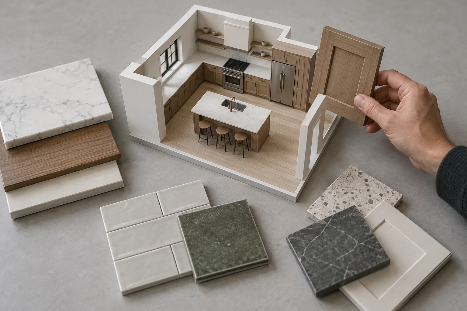 A kitchen model surrounded by three groups of finish samples for comparing remodel scope.