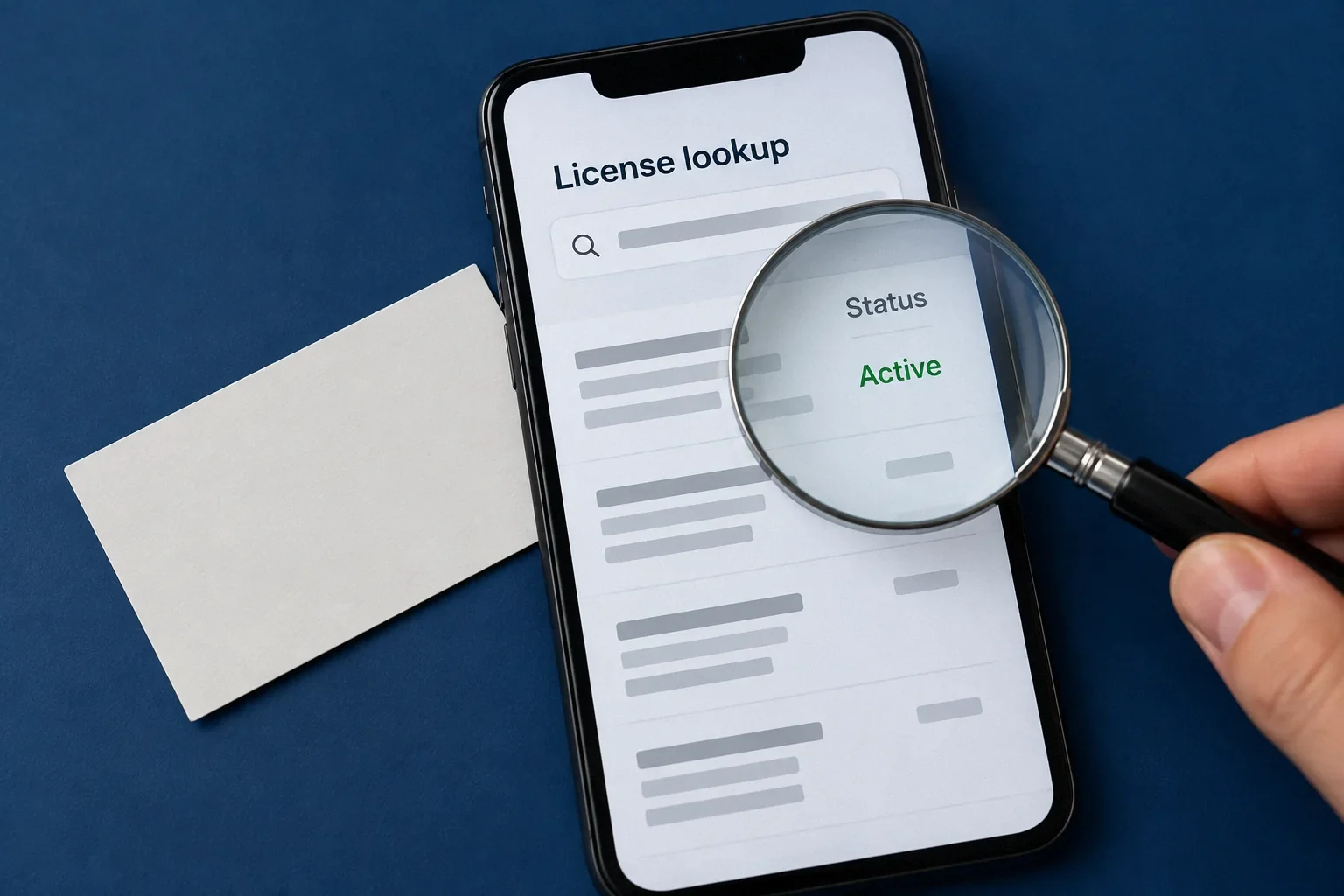 A smartphone showing a conceptual contractor-license lookup with its status being checked.