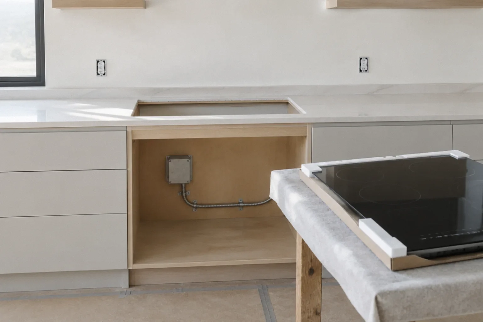 Electrical rough-in prepared for a built-in induction cooktop during a remodel.