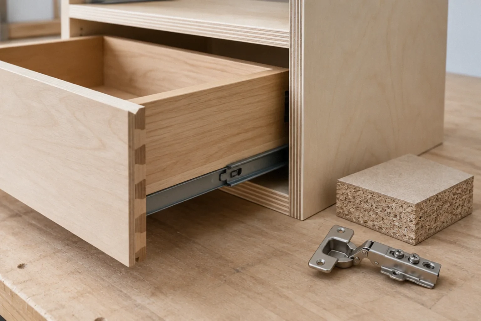 Plywood cabinet and drawer joinery beside a particleboard sample and concealed hinge.