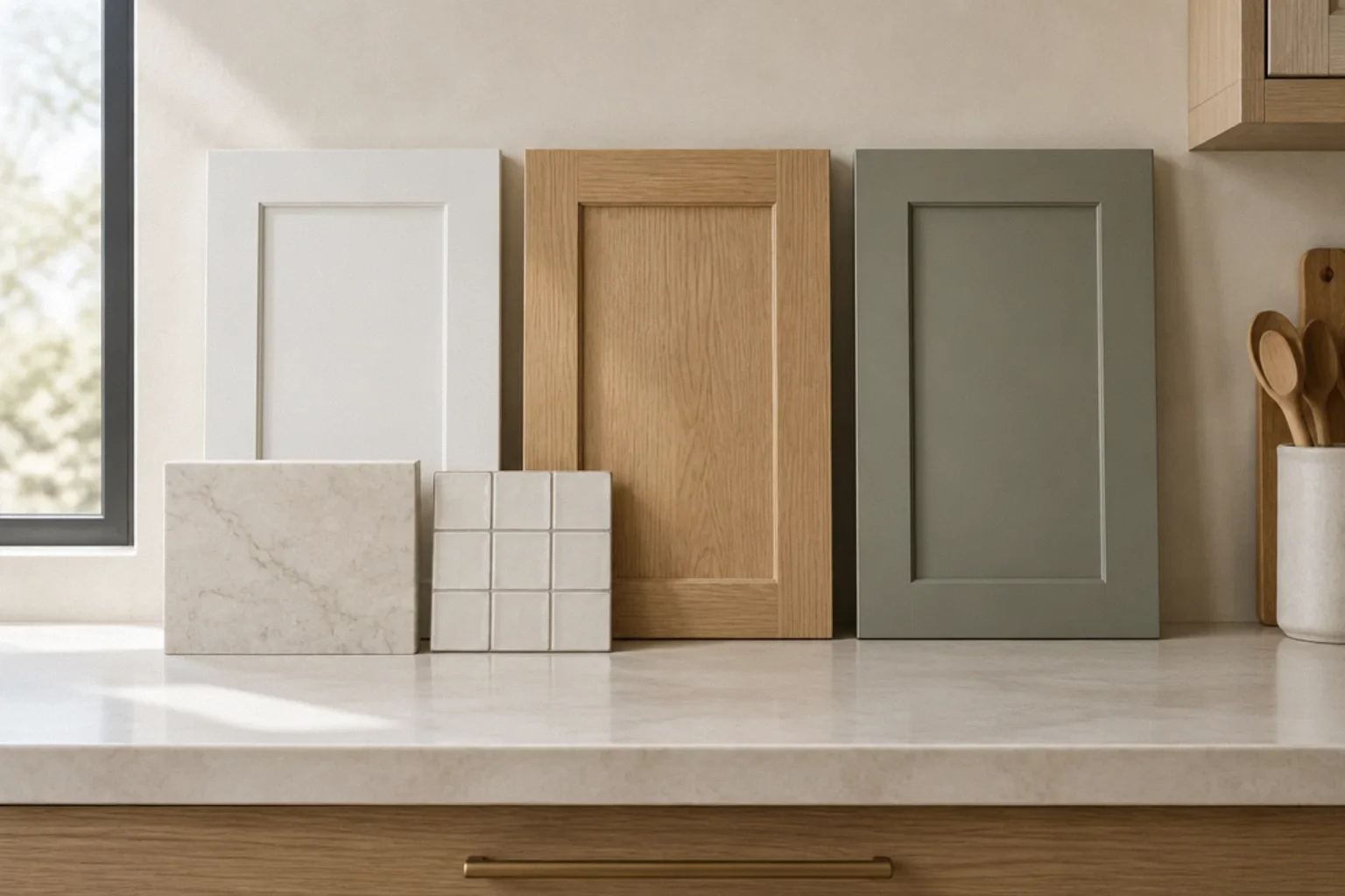 Large cabinet and countertop samples tested side by side in a kitchen.