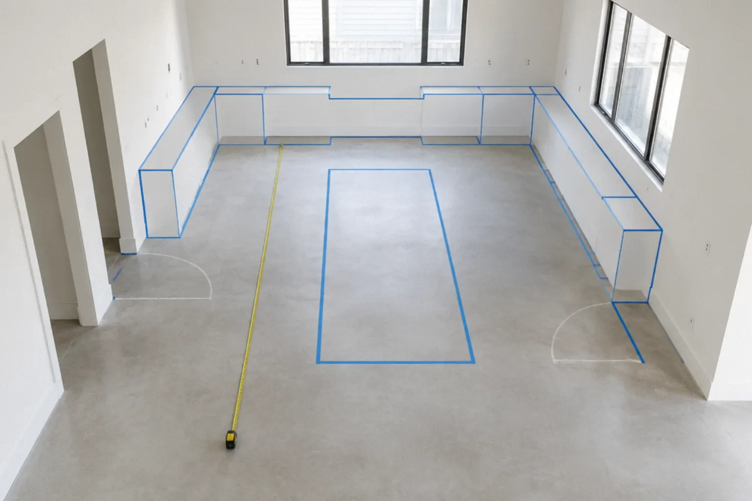 Full-size kitchen cabinet and island outlines marked with tape to test clearances.